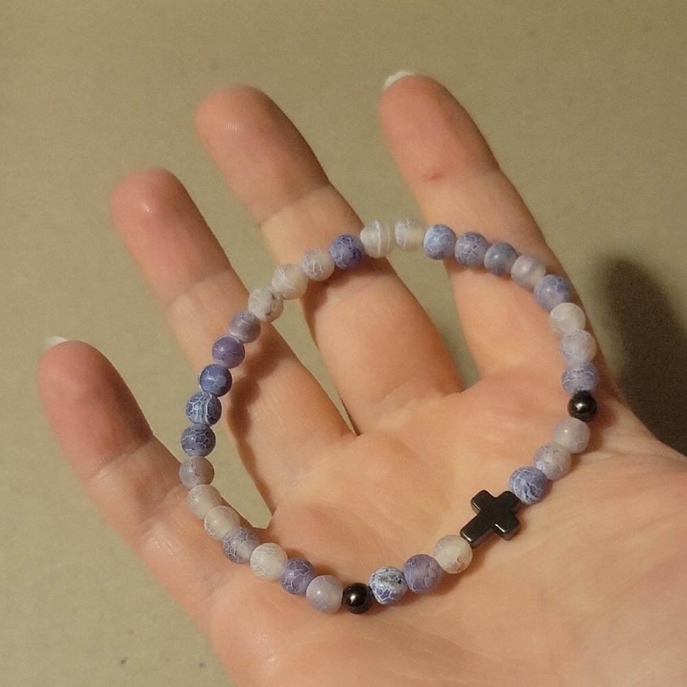 Lavender Dragon Vein Agate Matte Beaded Stretch Bracelet with Hematite Cross